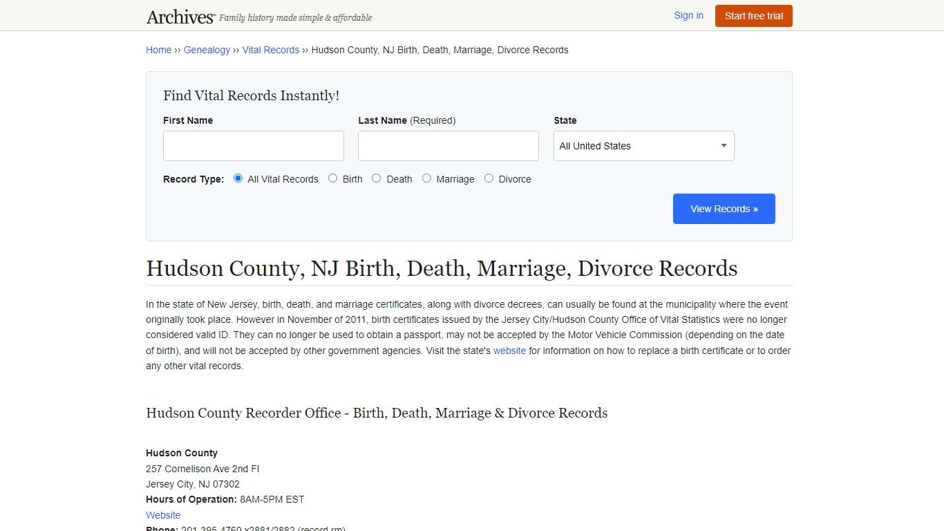 Hudson County, NJ Birth, Death, Marriage, Divorce Records - Archives.com